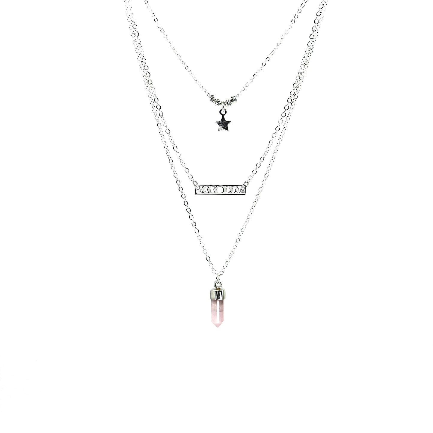 Trio Lunar. Estrella, Fases, Cuarzo Rosa y Cadena de Plata.