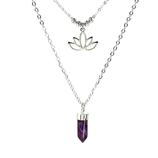 Duo Espiritual. Flor de Loto, Cuarzo Morado y Cadena de Plata.