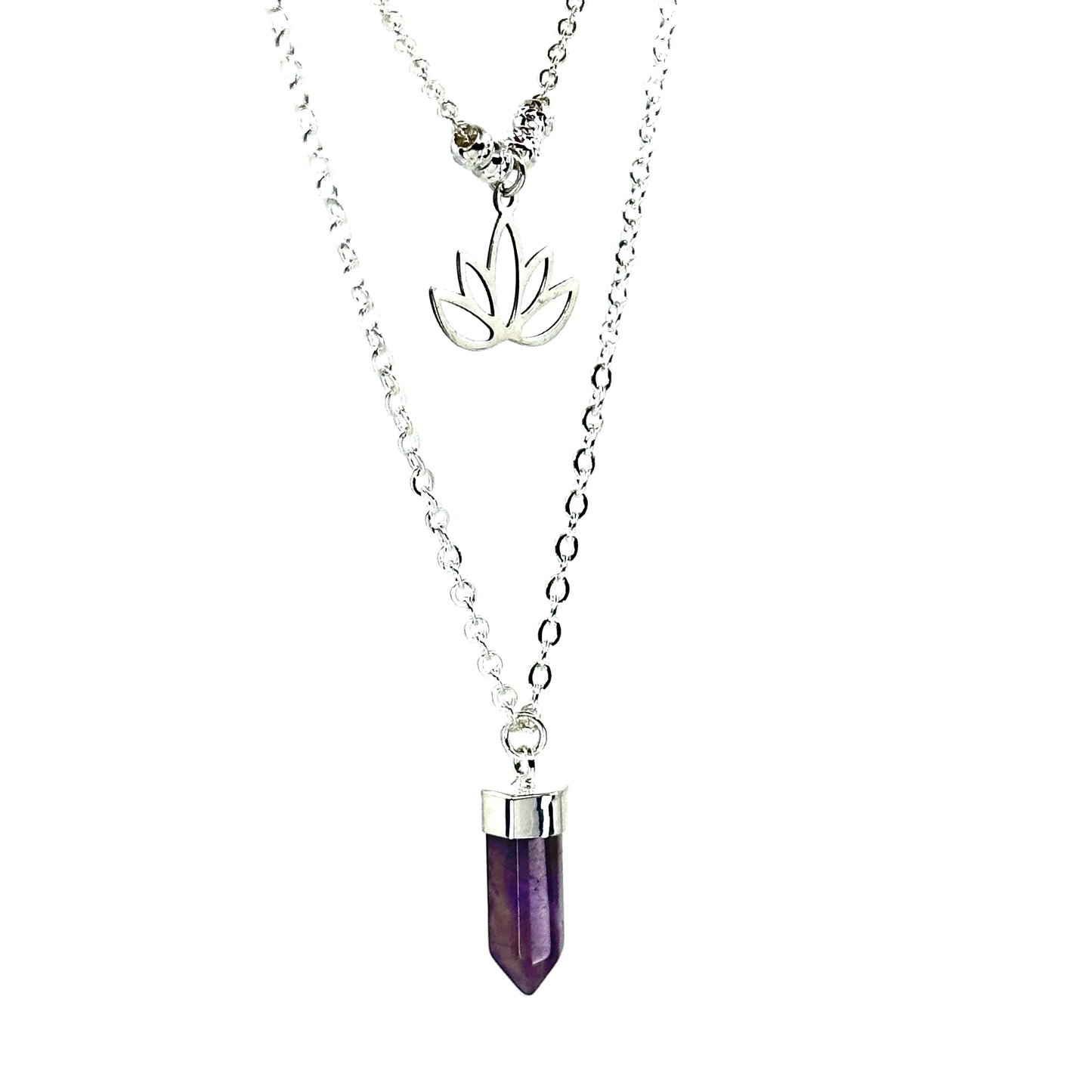 Duo Espiritual. Flor de Loto, Cuarzo Morado y Cadena de Plata.