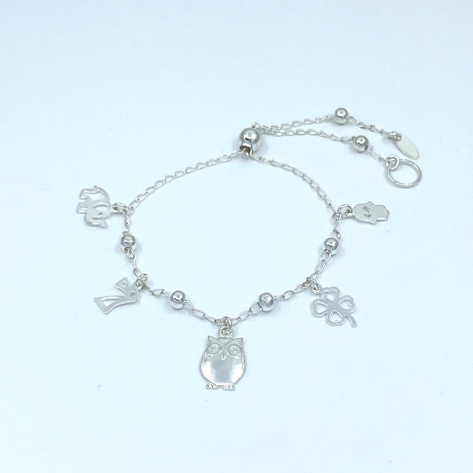 Pulsera de Plata de Buena Suerte con Trébol, Siete, Buho, Elefante y Mano.